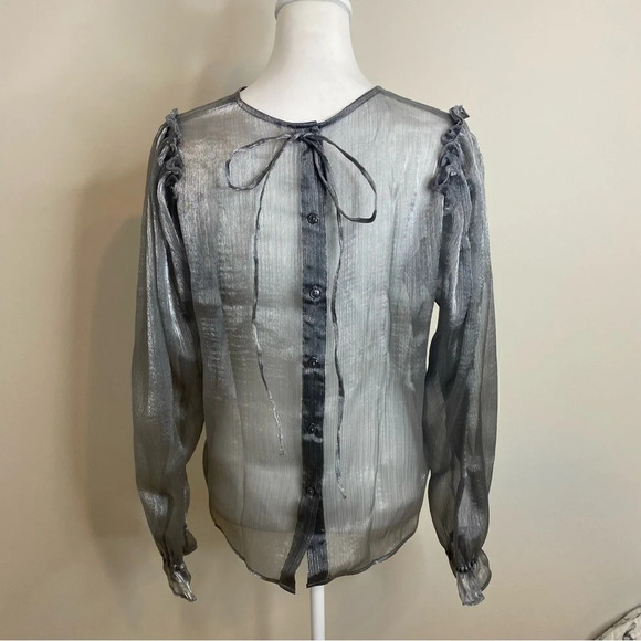 NWT Free People Freya Frost Top Metallic Silver Gray Sheer Long Sleeve Ribbon SP - Picture 11 of 16